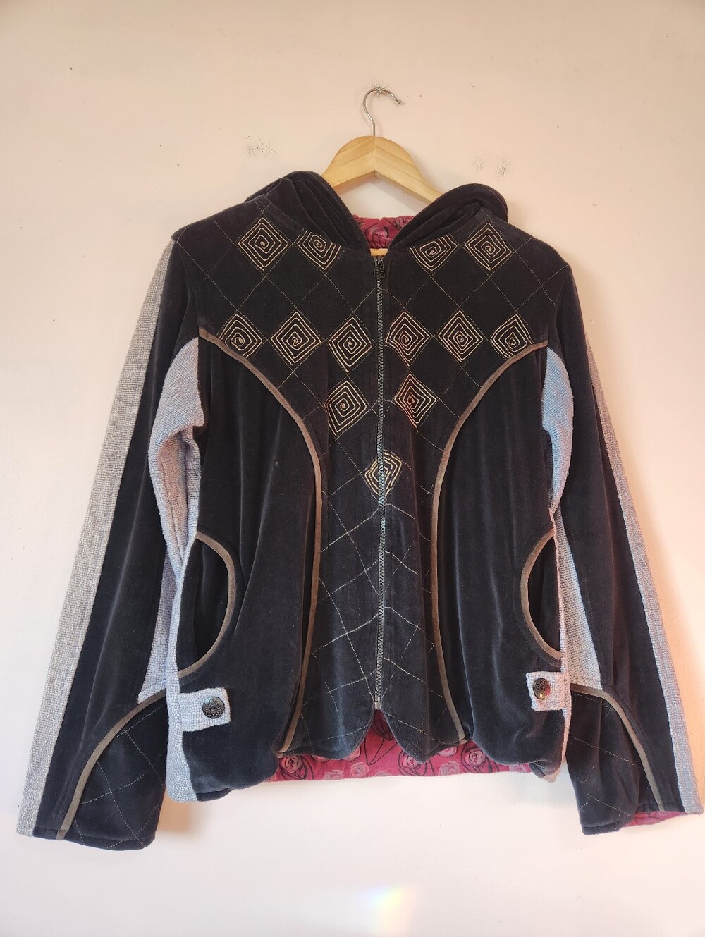 The Collection Royal Velvet Embroidered Hoodie Nepal Artisan Rose Lined Boho